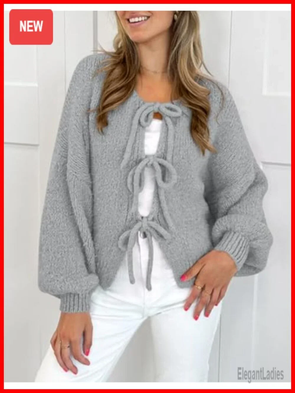 Chunky Knit Tie Front Bow Cardigan, Open Front Puff Sleeve, Cozy Long Sleeve